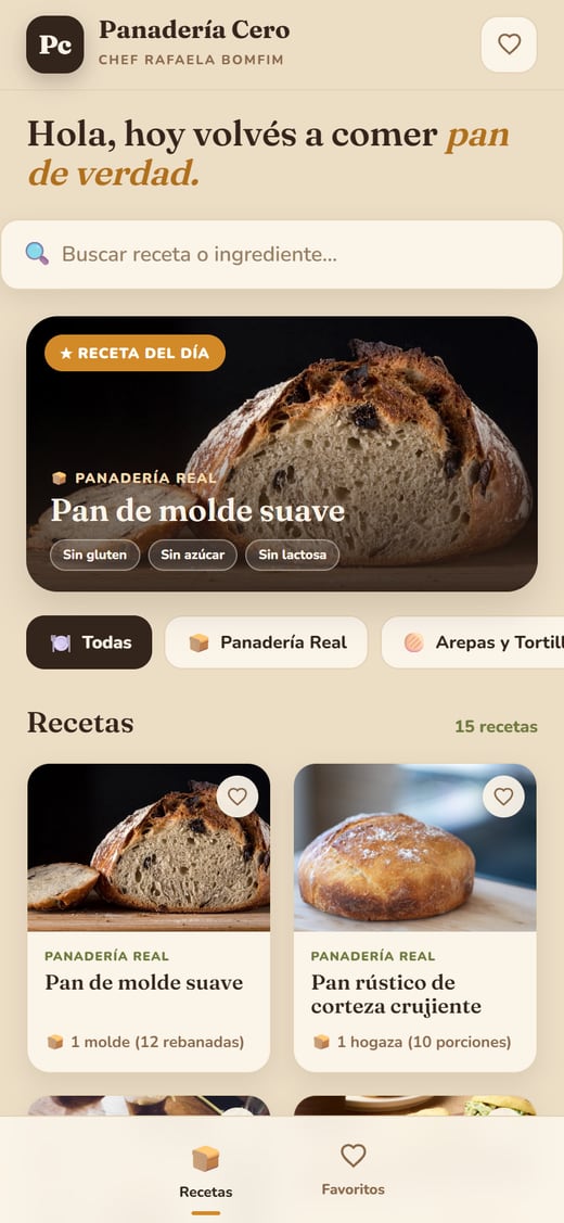 Aplicación Panadería Cero: recetas por categorías